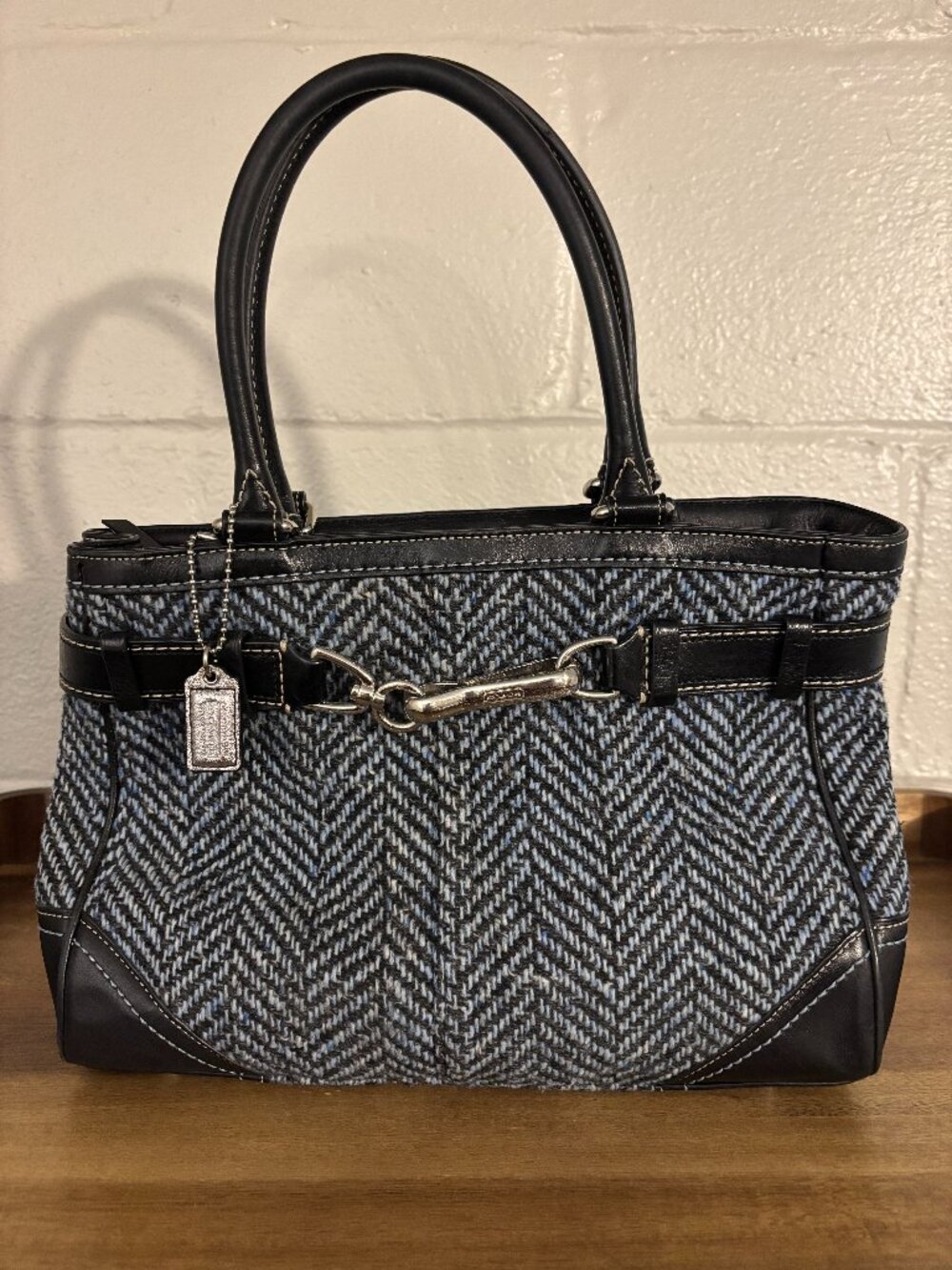 Coach Hampton Blue Black Tweed Herringbone Black Leather Satchel